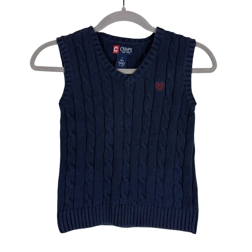 Chaps Sweater Vest Boys 7 Blue Cable Knit V Neck Cotton Preppy School Layering